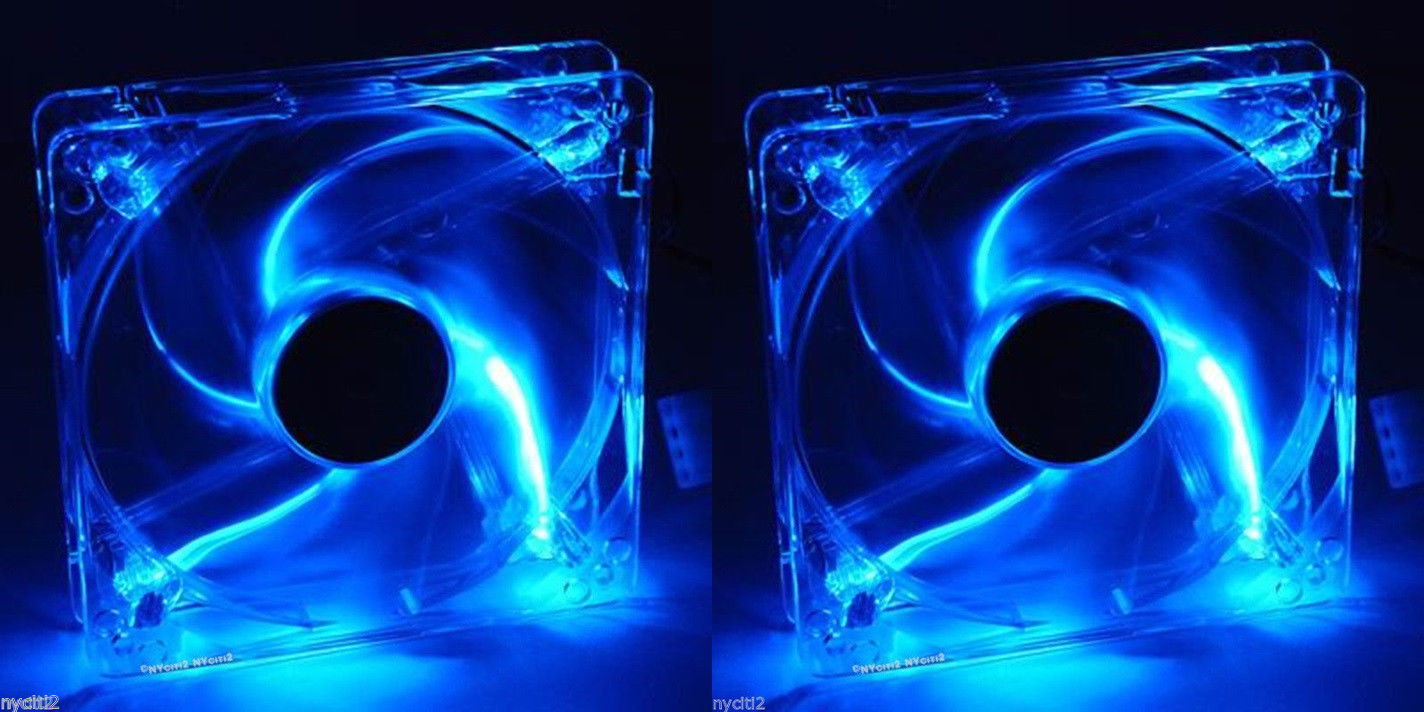 Lot 2 Blue Quad 4-LED Light Neon Clear 120mm PC Computer Case Cooling Fan Mod - Click Image to Close