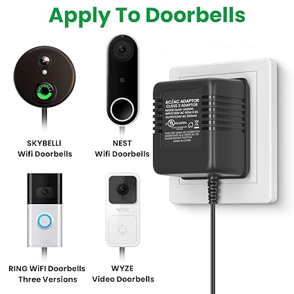 AC 24 Volt Transformer, C Wire Adapter, Compatible with All Versions of Ring Doorbell and Thermostat