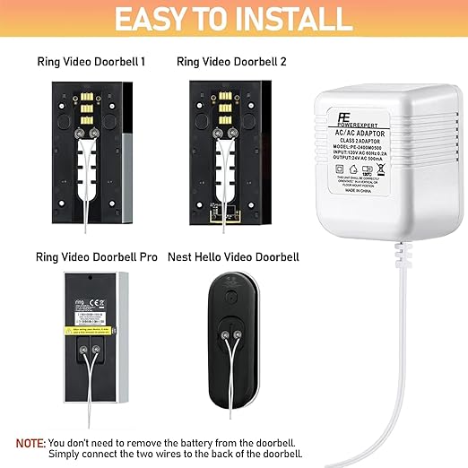 Doorbell Transformer 24V Adapter for Ring Video Doorbell, 16.4ft Long C Wire Power Supply, Compatibl