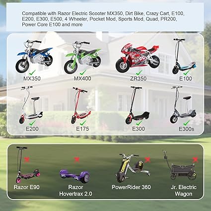 Charger for Razor E100 Scooter, MX350, Dirt Bike, E200, E300, MX400 Rocket, Mod, Quad, Crazy Cart Ba