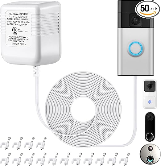 24V Doorbell Transformer, 16.4ft Long C Wire Power Supply 500mA Video Doorbell Power Adapter, with 4